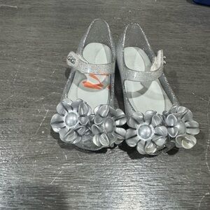Mini Melissa Silver Glitter Dress Shoes with Floral Accent